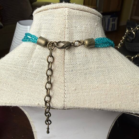 Boho Statement Necklace Blue Green Murano Style Glass Pendant MultiStrand Beaded - Picture 3 of 5